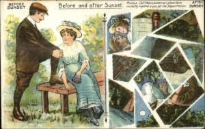 Cut Apart Novelty Puzzle Risque Romance Before/After Sunset c1910 Postcard LS19