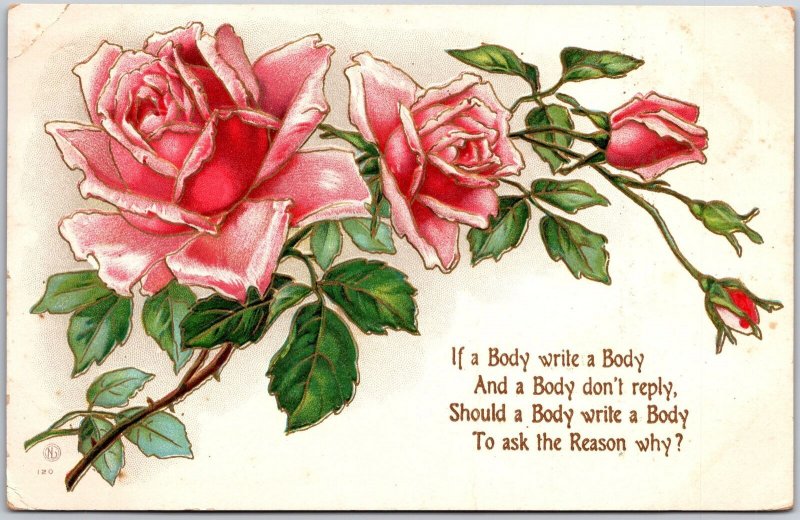 1909 Beautiful Pink Roses Design Poem Souvenir Card Posted Postcard
