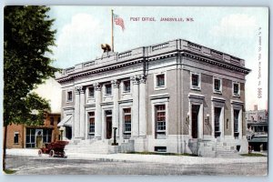 Janesville Wisconsin WI Postcard Post Office Exterior View Building 1910 Vintage