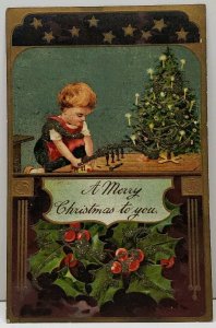 Child Playing Toys Glitter Decorated Christmas Germany Embossed Postcard F19