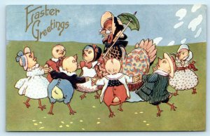 EASTER GREETINGS Dressed Chicks RING AROUND THE ROSIE? 1910s Embossed Postcard