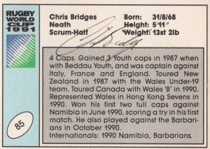 Chris Bridges Wales Welsh Hand Signed Rugby 1991 World Cup Card Photo