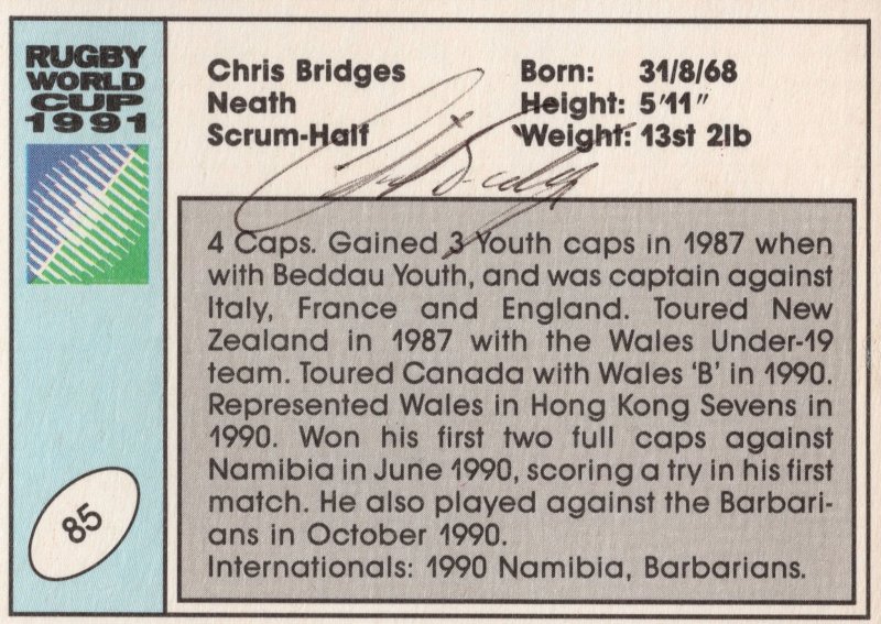 Chris Bridges Wales Welsh Hand Signed Rugby 1991 World Cup Card Photo