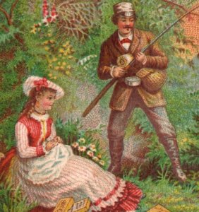1880 Pocket Calendar J &P Coats Spool Cotton Fly Fishing Man & Lady F115