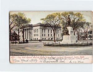 Postcard City Hall Square, showing Public Library & Soldier's Monument, Lynn, MA