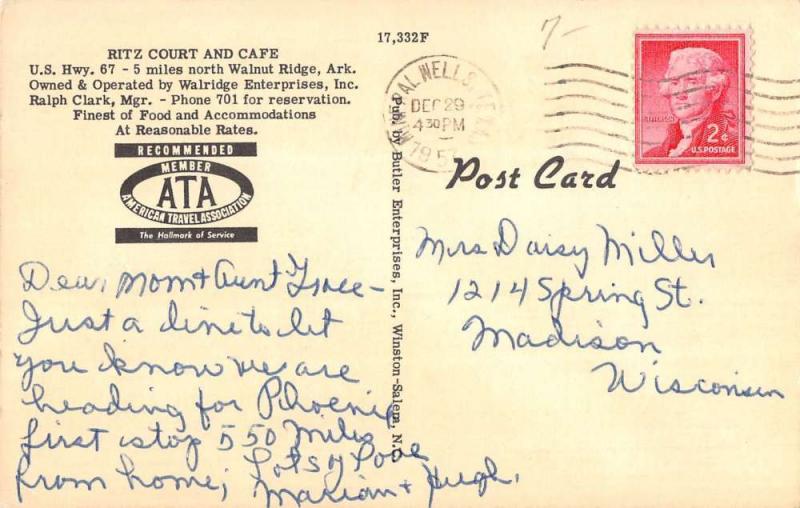 ritz court caf walnut ridge  arkansas L4373 antique postcard