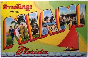 Greetings From Miami Florida Large Letter Linen Postcard Curt Teich Sailboat