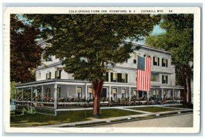 1928 Cold Spring Farm Inn & Restaurant Porch US Flag Stamford New York Postcard