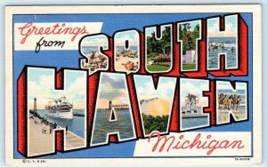 Large Letter Linen SOUTH HAVEN, Michigan MI ~ Van Buren County c1930s Postcard