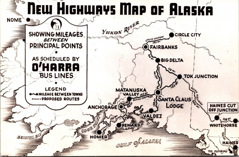 Postcard New Highways Map of Alaska Map O'Harra Bus Lines