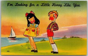 Pretty Girl and Boy Looking for a Little Honey Like You Comic Card Postcard