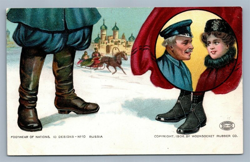 FOOTWEAR OF NATIONS RUSSIA WOONSOCKET RI RUBBER CO. ADVERTISING ANTIQUE POSTCARD