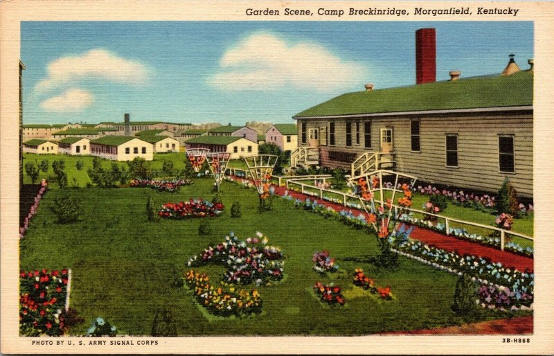Vtg Morganfield Kentucky KY Garden Scene Camp Breckinridge 1940s Linen Postcard