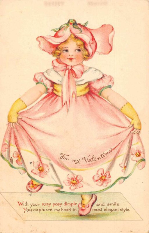 Valentines Greetings Girl in Pink Nister Vintage Postcard AA49223