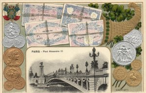 PC COINS, BANKNOTES, PARIS, PONT ALEXANDRE, Vintage EMBOSSED Postcard (b47958)