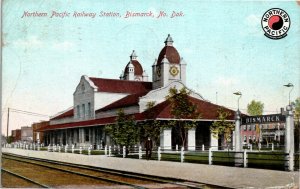 Postcard ND Bismarck Northern Pacific Railway Station Clock Tower 1909 M73