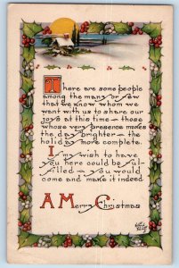 Artist Signed Postcard Christmas Message Holly Berries Mistletoe Tied Seal 1919