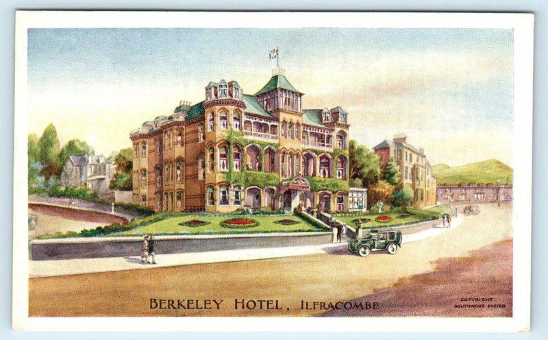 ILFRACOMBE, Devon, UK ~ BERKELEY HOTEL Street Scene Early Car c1910s Postcard