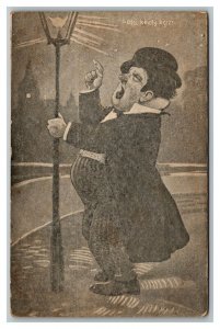 Vintage 1920's Comic Postcard Drunk Man Screaming at a Lamp Post FUNNY