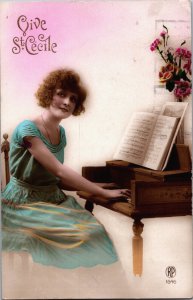 Beautiful Victorian Woman Piano Coloured Vintage RPPC C046