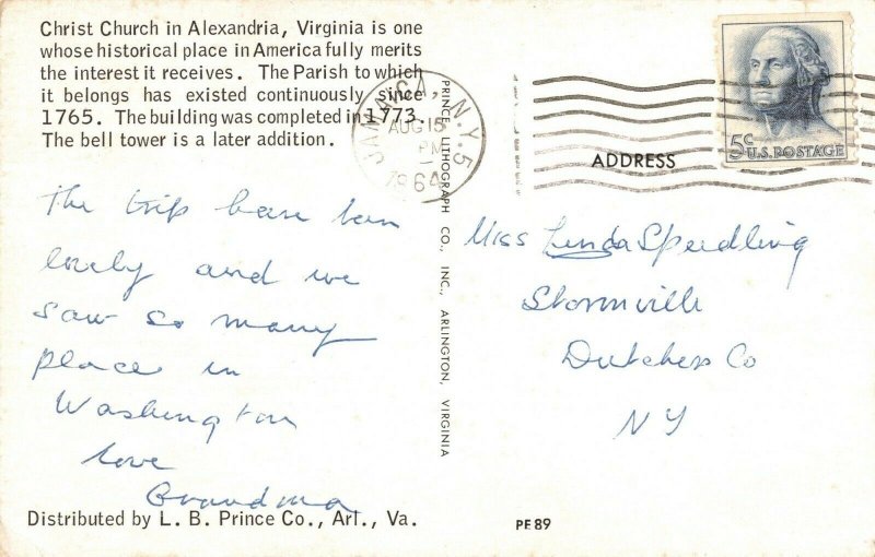 circa 1964 Alexandria Christ Church Virginia Postcard 2T7-154