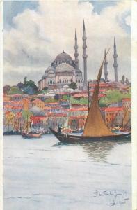 Lot 7 early artist signed postcards Turkey Istanbul Constantinople mosques