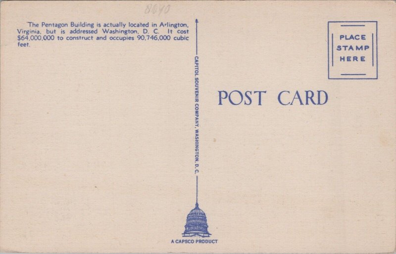 Pentagon Building Arlington Virginia Linen Postcard C246