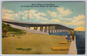 Fishing, Bahia Honda, High Bridge, Florida FL, Vintage 1951 Linen Postcard
