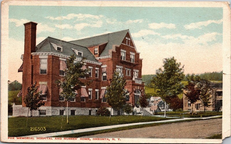 Postcard NY Oneonta Fox Memorial Hospital and Nurses Home