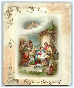 1870's-80's Victorian Christmas Card Birth Of Christ Angels Manger 7U 