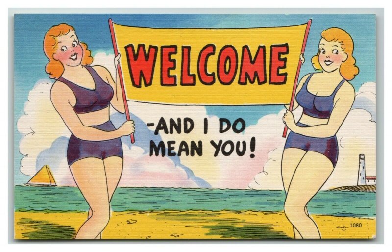 Women Beach Bathing Suit Humor Linen Postcard