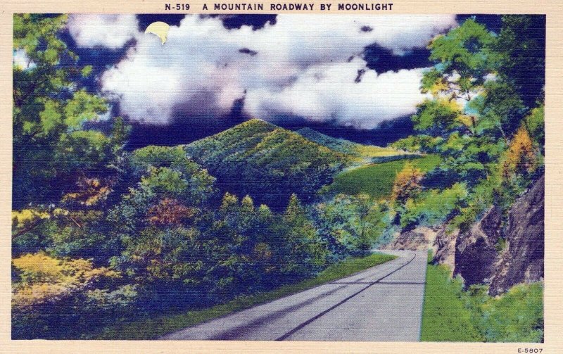 A Mountain Roadway By Moonlight Linen Vintage Postcard