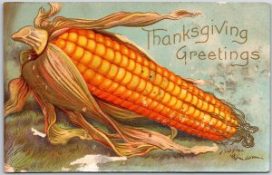 Thanksgiving Greetings, 1908 Ripe Yellow-Orange Corn On Cob with Husk, Postcard