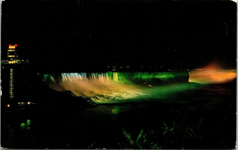 General Night View Niagara Falls Illuminated Ontario Canada Postcard VTG UNP  