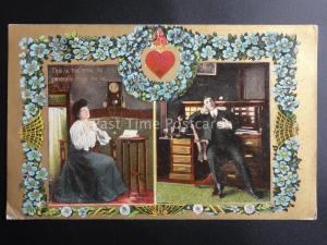 ROMANCE LOVE & TELEPHONE Depicts Heart & Forget Me Knot c1909 by T.E.L Theochrom