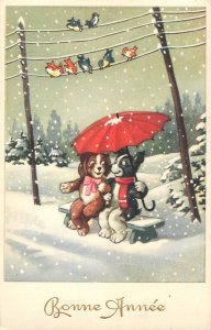 Winter seasonal greetings old postcard New Year drawn dogs under umbrella 1955