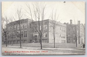 Attica Indiana~New & Old High School Buildings~c1910 B&W CR Childs Postcard