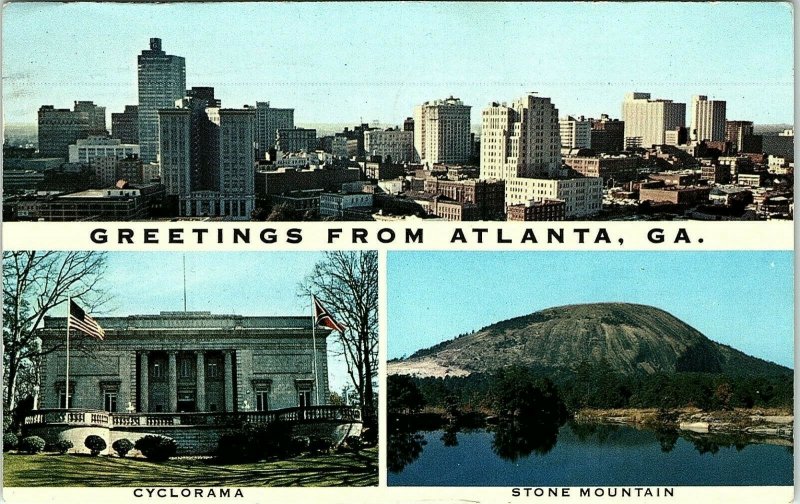 Vintage Greetings From Atlanta GA Cyclorama Stone Mountain Postcard 7-62 