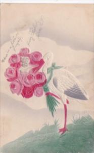 Birth Stork With Bouquet Of Roses