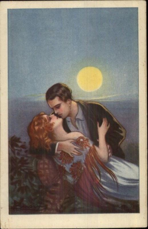 Italian Art Deco - Couple Embrace in Moonlight Signature? c1915 Postcard