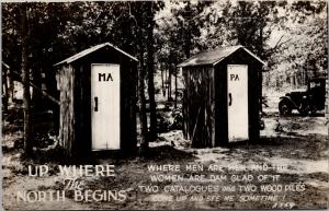 Where The North Begins Ma Pa Outhouses 'Men are Men' c1938 RPPC Postcard E56