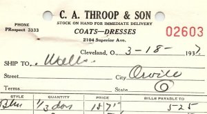 1937 C.A. THROOP & SON COATS-DRESSES CLEVELAND OHIO BILLHEAD STATEMENT Z1384