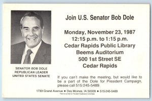 Cedar Rapids Iowa IA Postcard Senator Bob Dole Political Advertising 1987 Posted