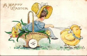 Easter Chicks Pulling Young Girl In Basket 1910
