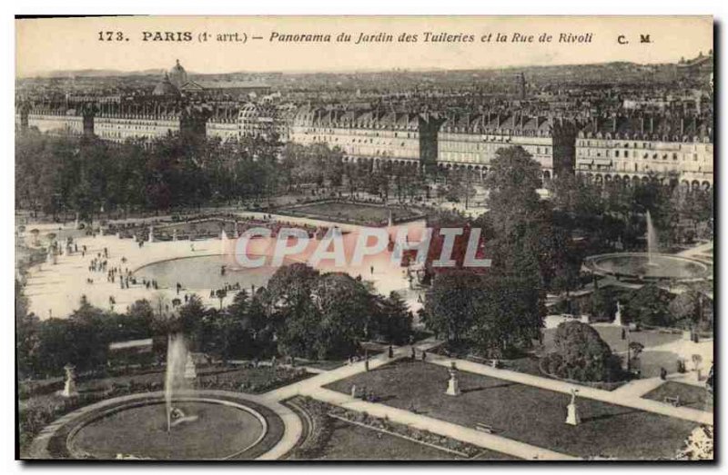 Old Postcard Paris I Arr view of the Tuileries Garden and the rue de Rivoli