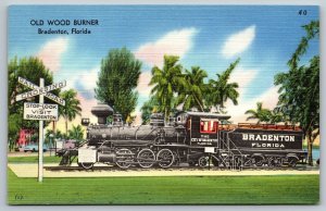 Railroad Locomotive Train Postcard - Old Wood Burner - Bradenton, Florida