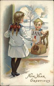 New Year - Little Boy at Door - Little Girl Stecher 35A c1915 Postcard