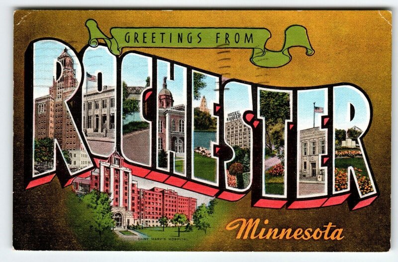 Greetings From Rochester Minnesota Large Big Letter Postcard Linen 1944 EC Kropp