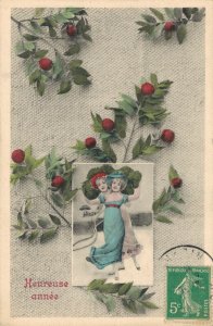 Happy New Year Vienna Style Girls Vintage Postcard 03.34