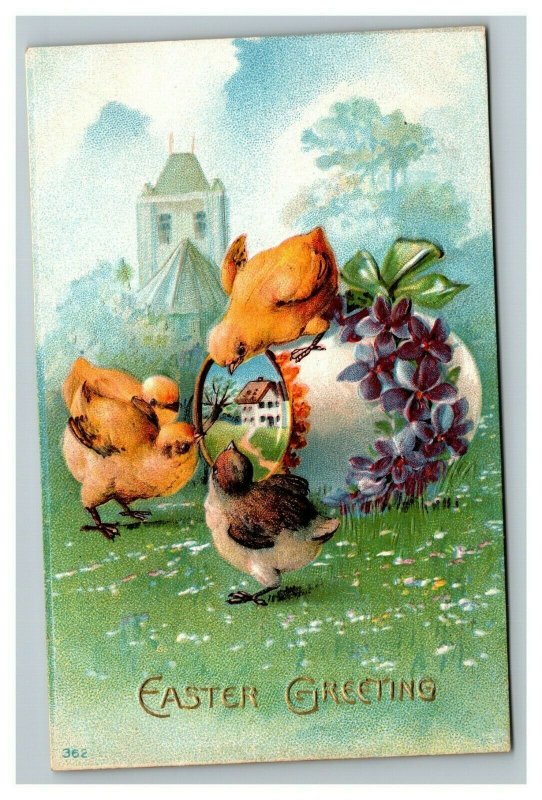 Vintage 1910's Fantasy Easter Postcard Cute Chicks Giant Egg Magic Mirror